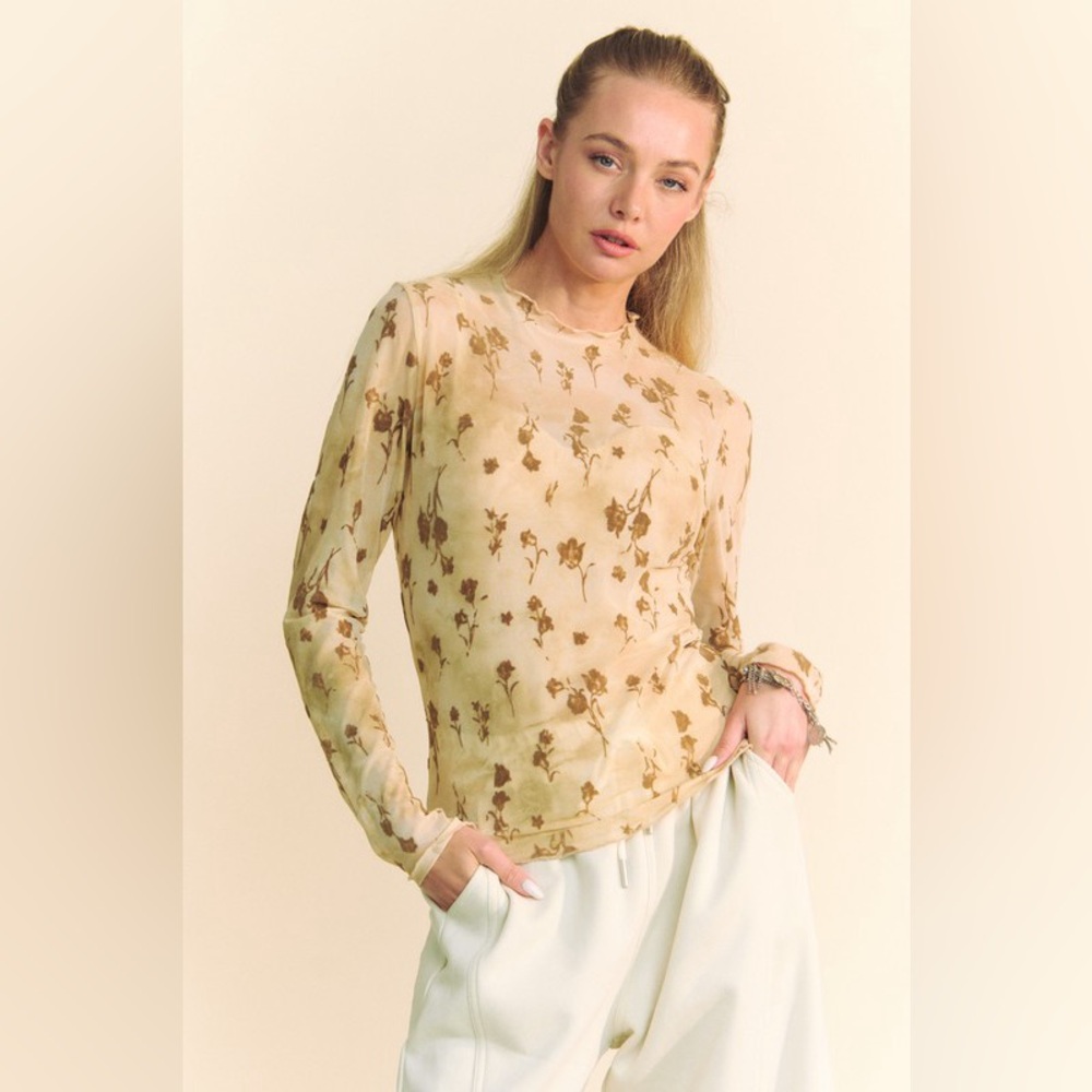 159B. Floral Mesh Long Sleeve - Cream